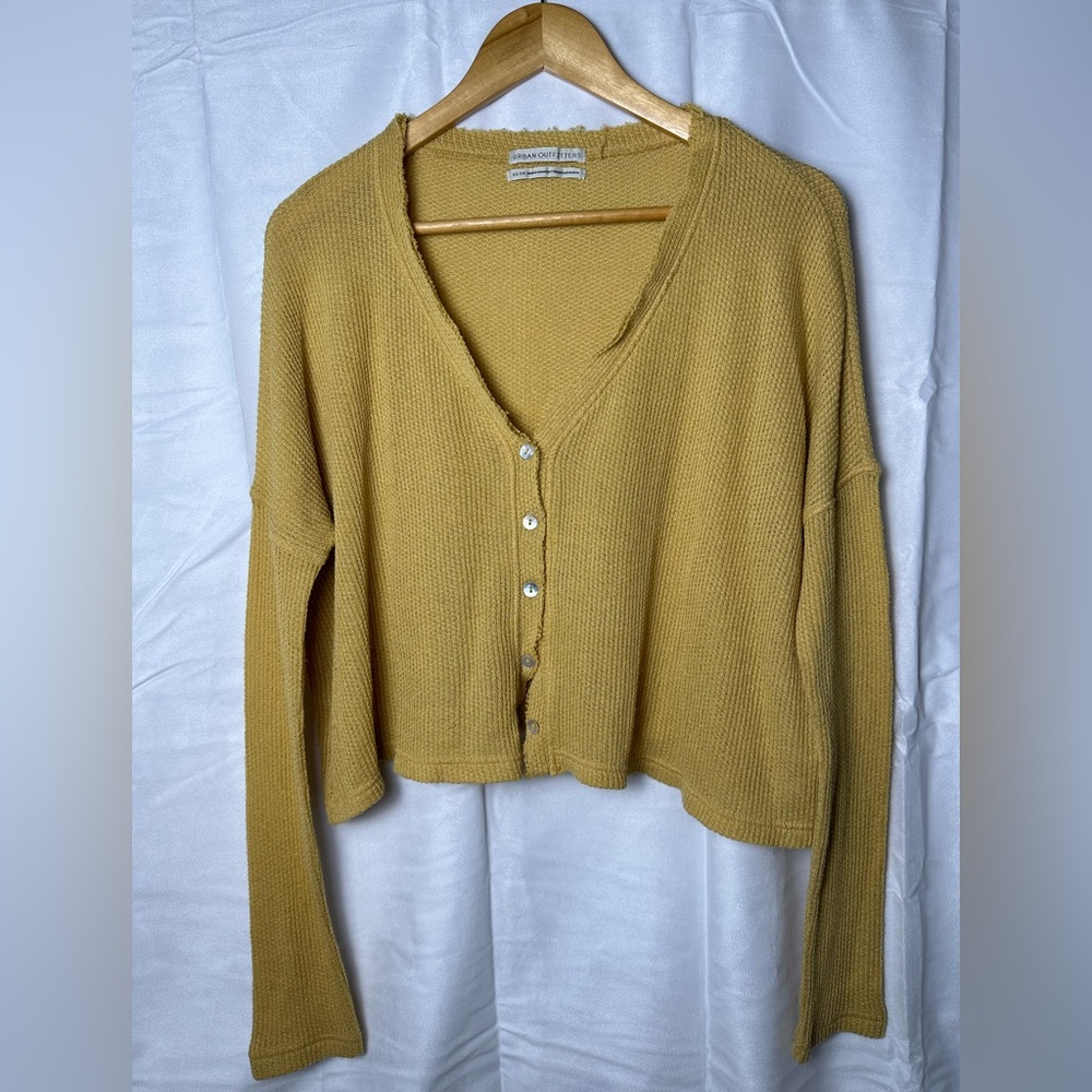Urban Outfitters Out From Under Yellow Waffle Cropped V-Neck Button Up